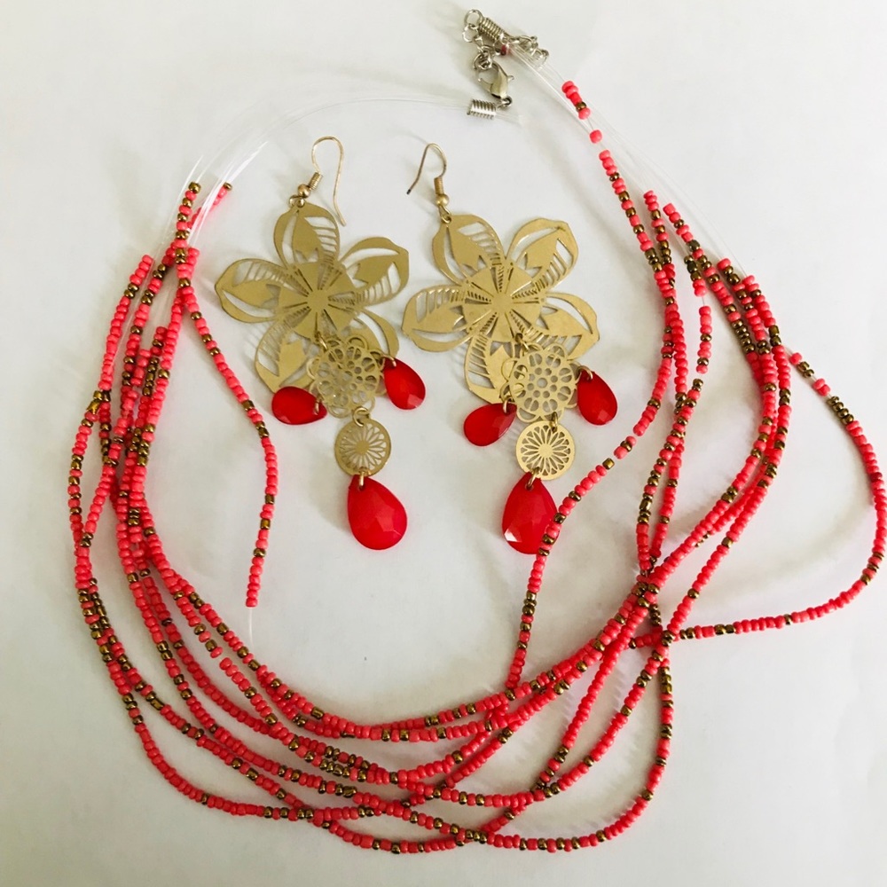 Fuchsia multi-strand necklace + long earrings set